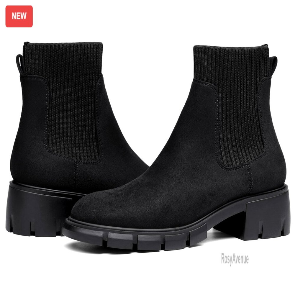 Platform Ankle Boots Chunky Block Heel Chelsea Booties Lug Sole Non-Slip